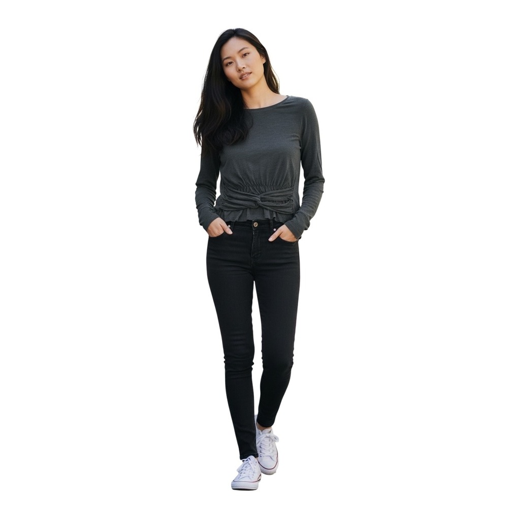 Pilcro Women's Grey Twist Knot Ruched Long Sleeve‎ Top Medium Cotton
